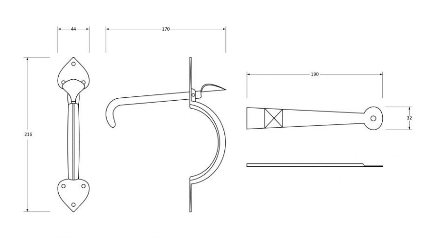 line drawing of from the anvil gothic thumb latch set