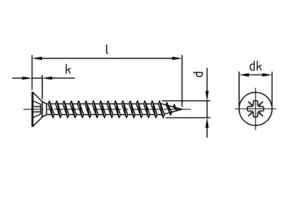 Technical line drawing of an A2 stainless steel PZ2 countersunk chipboard screw