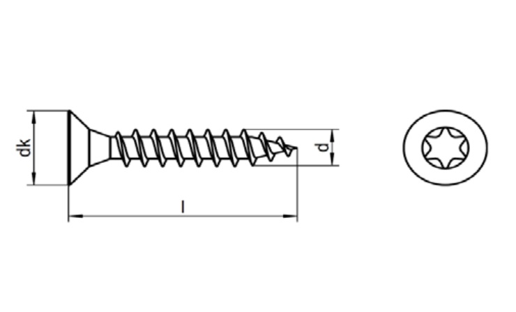 technical line drawing of a2 stainless steel torx drive wood screws