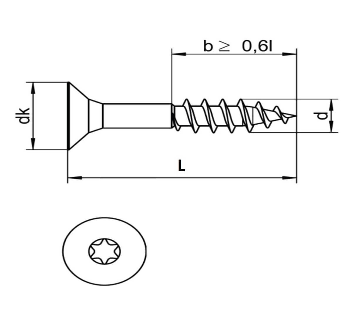 technical line drawing of a2 stainless steel torx drive wood screws