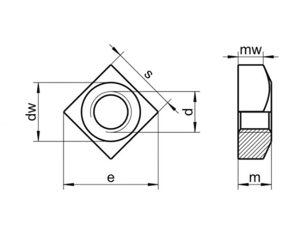 technical line drawing of a2 stainless steel square nuts