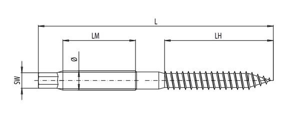 TECHNICAL LINE DRAWING OF STAINLESS STEEL WOOD TO METAL DOWEL HANGER BOLTS