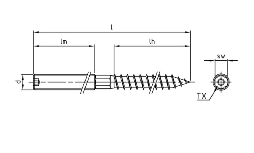 TECHNICAL LINE DRAWING OF STAINLESS STEEL WOOD TO METAL DOWEL HANGER BOLTS