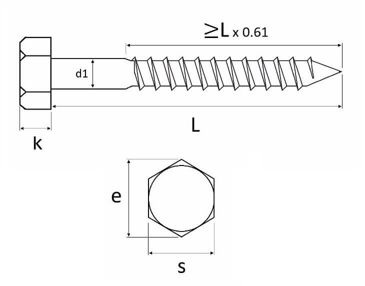 Technical line drawing of A4 stainless steel coach screws