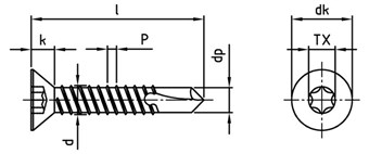 technical line drawing of A4 stainless steel countersunk tek screws