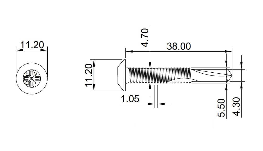 technical line drawing of EVOLUTION bimetal low profile head self-drilling tek screws BMTSLP5.5-38-5