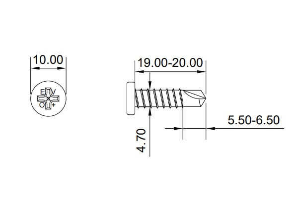 technical line drawing of EVOLUTION bimetal low profile head self-drilling tek screws BMTSPH5.5-19-3