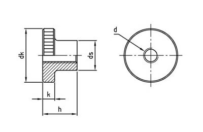 technical line drawing of DIN 466 high type round knurled nut