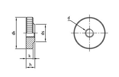 technical line drawing of DIN 467 high type round knurled nut