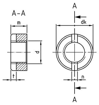 technical line drawing of DIN 546 slotted round nuts