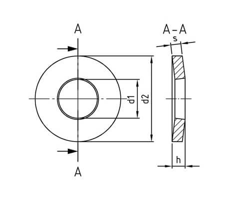 technical line drawing of Belleville Conical Spring Washers DIN 6796