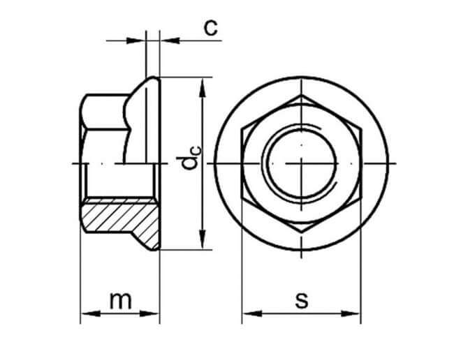 technical line drawing of hexagon full nuts DIN 6923