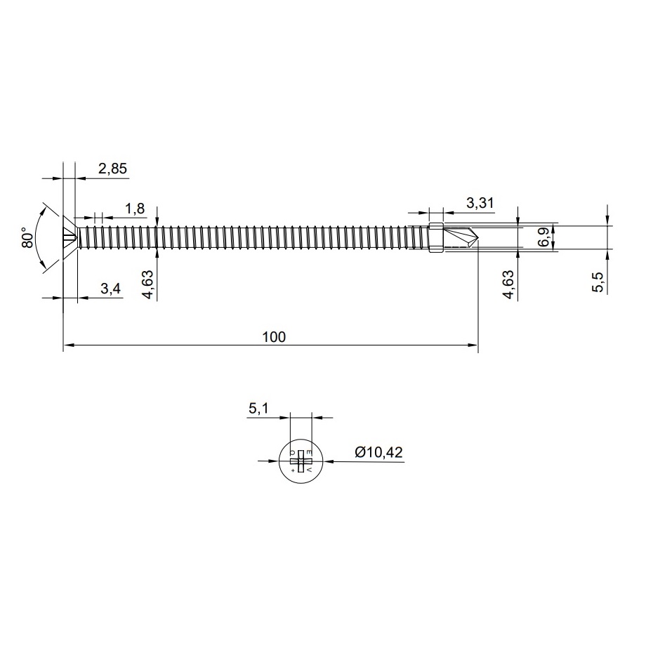 Technical line drawing of bi-metal stainless steel 100mm wing tip tek screw