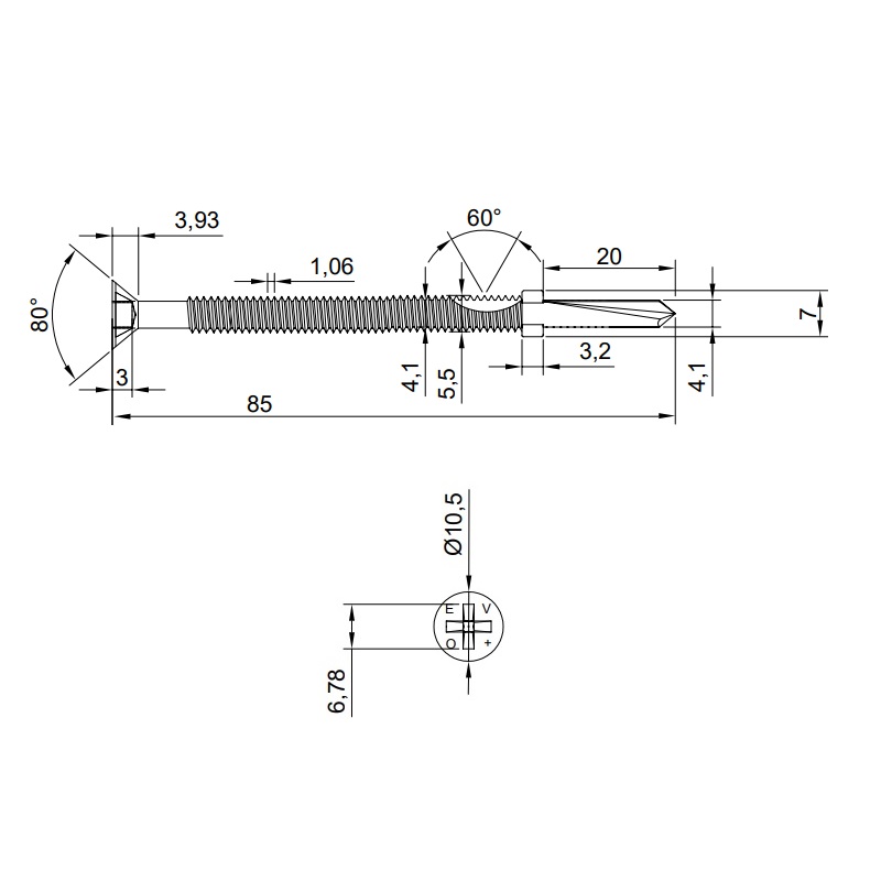 Technical line drawing of bi-metal stainless steel 85mm wing tip tek screw