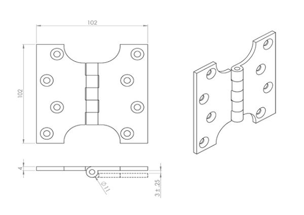 Technical line drawing of Jedo J9009B parliament hinges