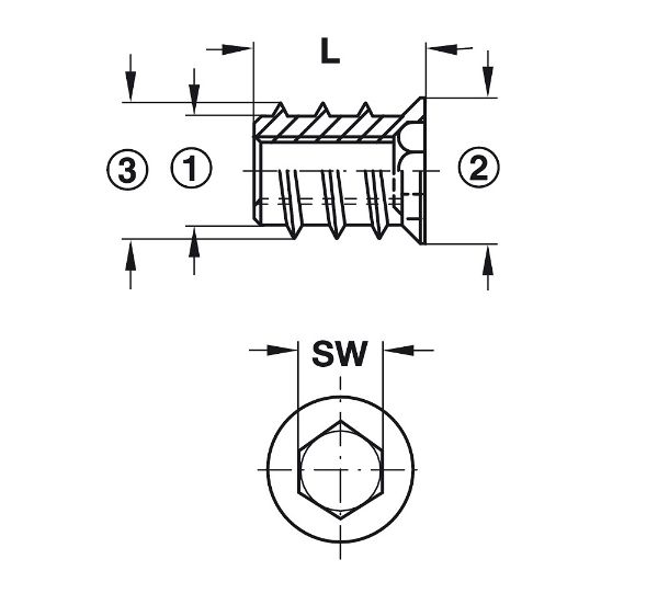 technical line drawing of hex driver threaded insert