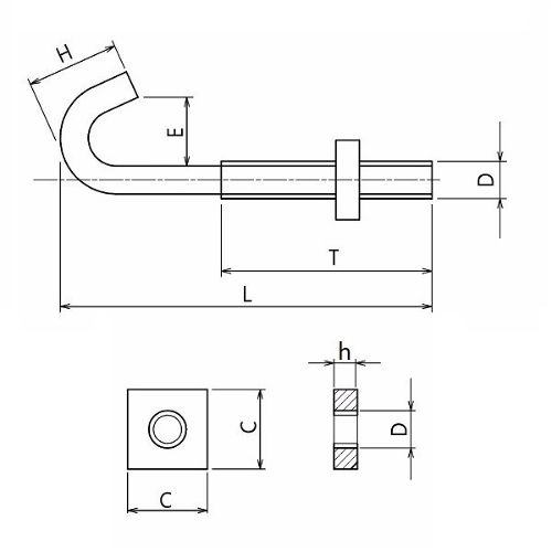 technical line drawing of j hook roofing bolts