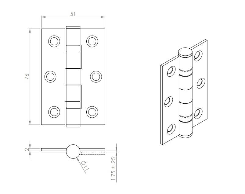 Technical line drawing of Eurospec grade 7 ball bearing hinges