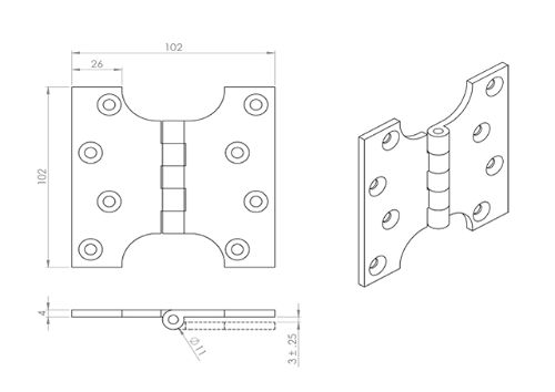 Technical line drawing of Europsec HIN3424 parliament hinges