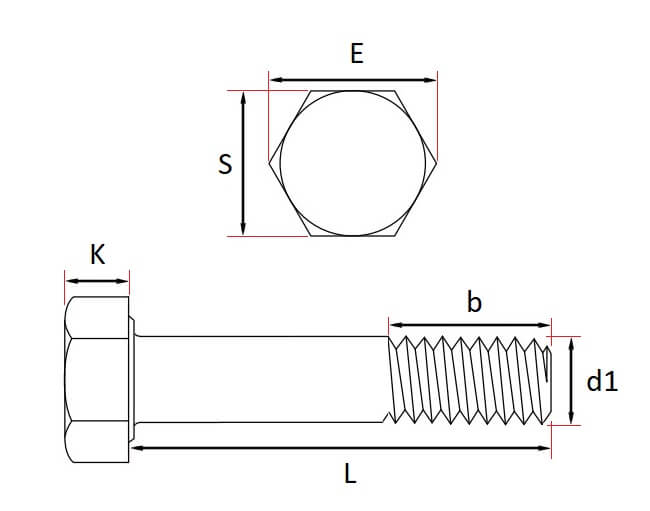 Technical line drawing of DIN 931 high tensile bolts