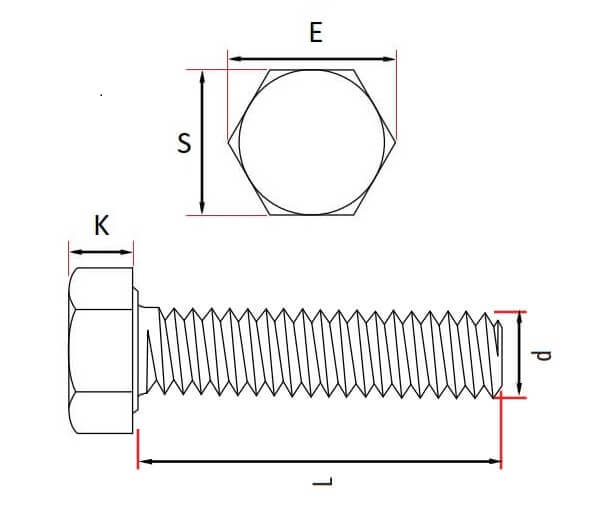 Technical line drawing of din 933 10.9 extra high tensile set screws