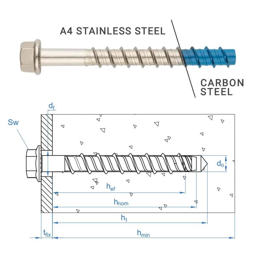 Technical line drawing of Index TXE a4 stainless steel concrete bolts