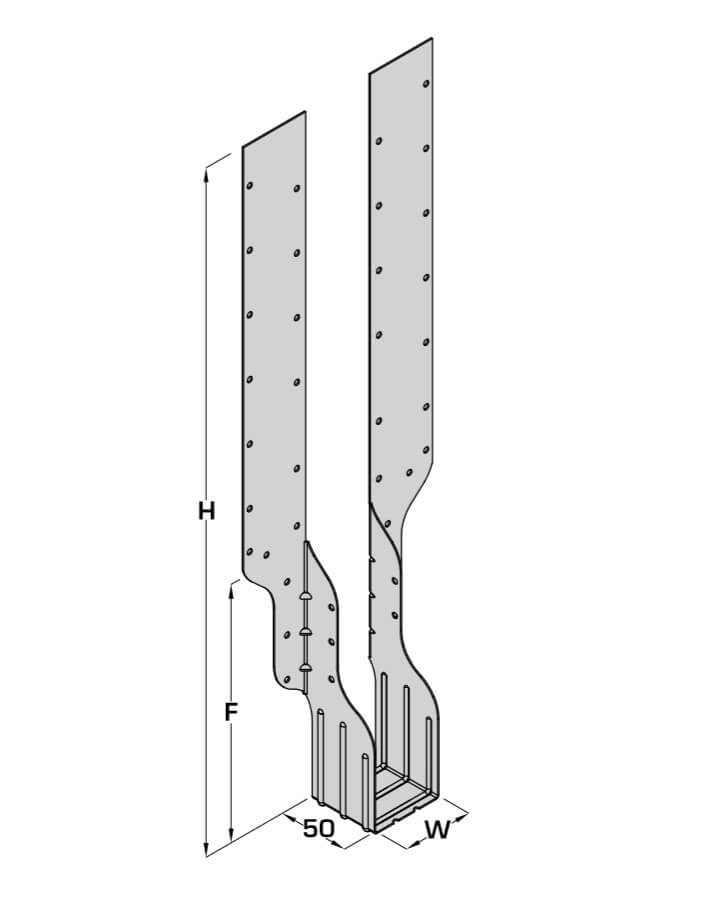 Technical line drawing of Cullen ITW KHL long leg joist hanger