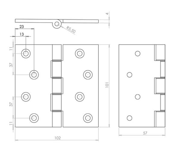 Technical line drawing of Jedo J9026 projection hinges