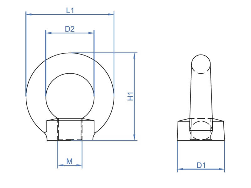 technical line drawing of BZP Carbon Steel lifting eye Nuts