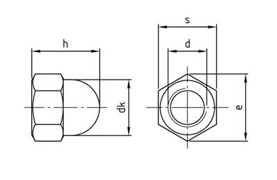 technical line drawing of hexagon DOME nuts DIN 1587