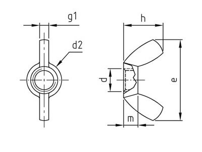 technical line drawing of american type wing nuts to DIN 314 AF