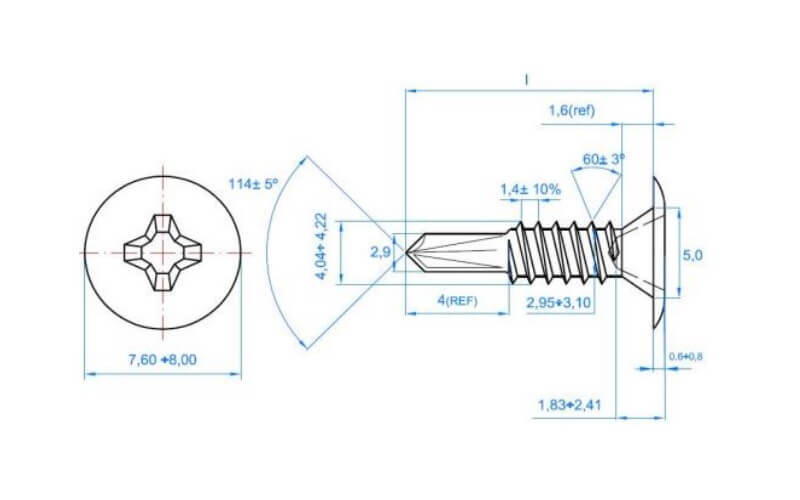 technical line drawing of extra low profile head self-drilling tek screws