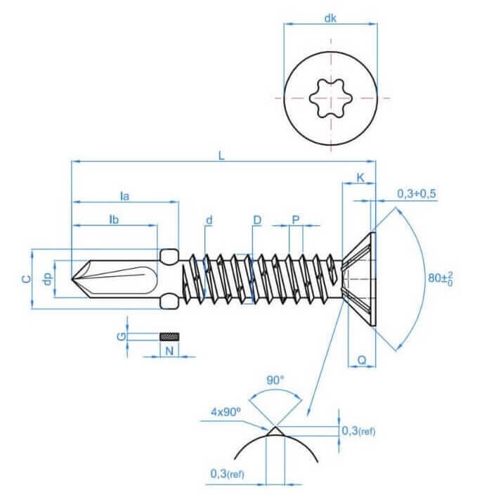 technical line drawing of torx drive torx wing tek screws
