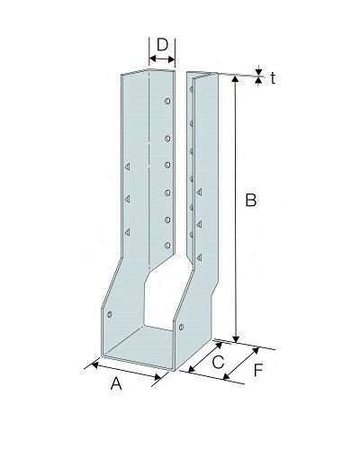 Technical line drawing of Simpson IUC internal flange concealed face fix joist hanger
