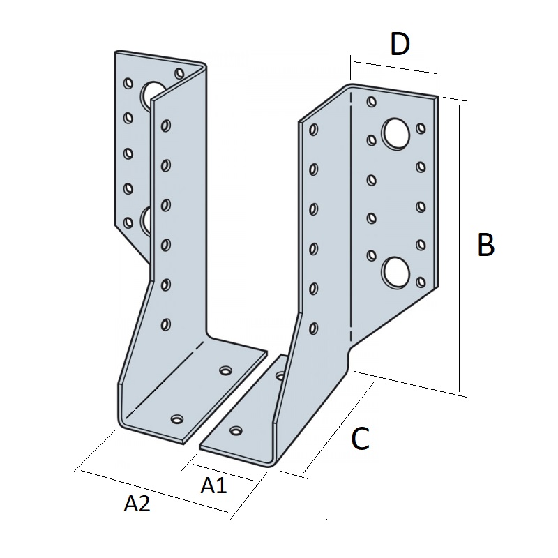Technical line drawing of Simpson SDE adjustable width joist hanger