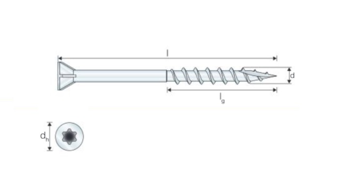 technical line drawing of a4 stainless torx drive decking screws