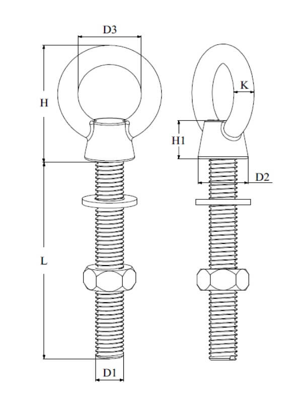 technical line drawing of A4 stainless steel long shank machine thread eye bolts