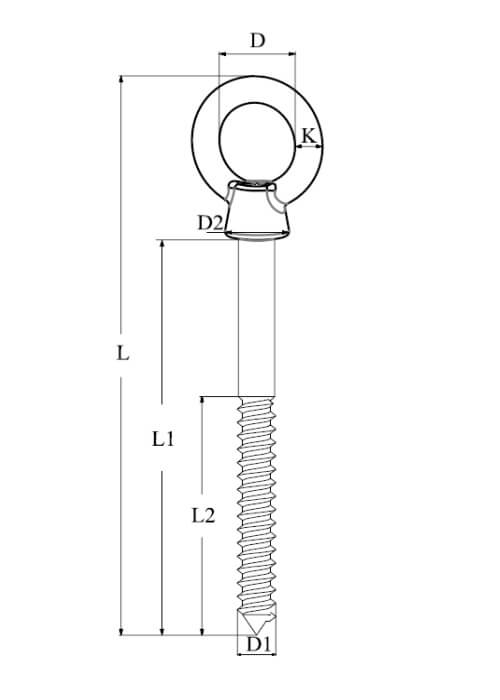 technical line drawing of A4 stainless steel long shank wood screw thread eye bolts
