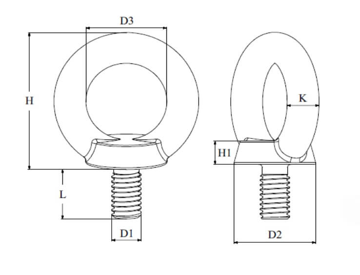 technical line drawing of A4 stainless steel lifting eye bolts