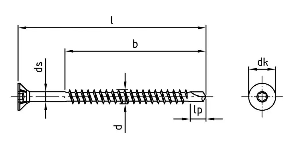 technical line drawing of a2 stainless steel self drilling torx drive timber screws
