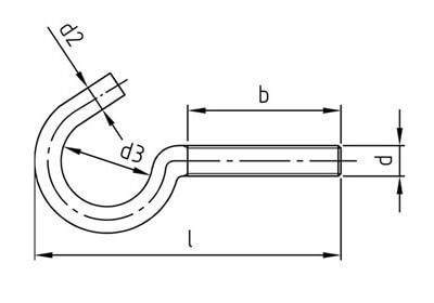 TECHNICAL LINE DRAWING OF STAINLESS STEEL MACHINE THREAD CUP HOOKS