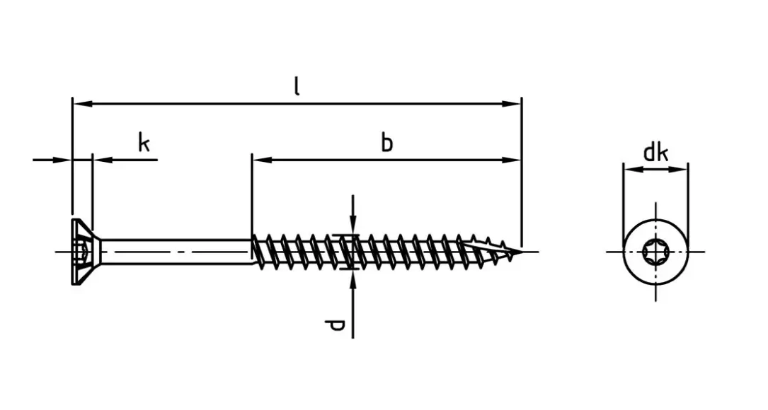 technical line drawing of a2 stainless steel self drilling torx drive timber screws