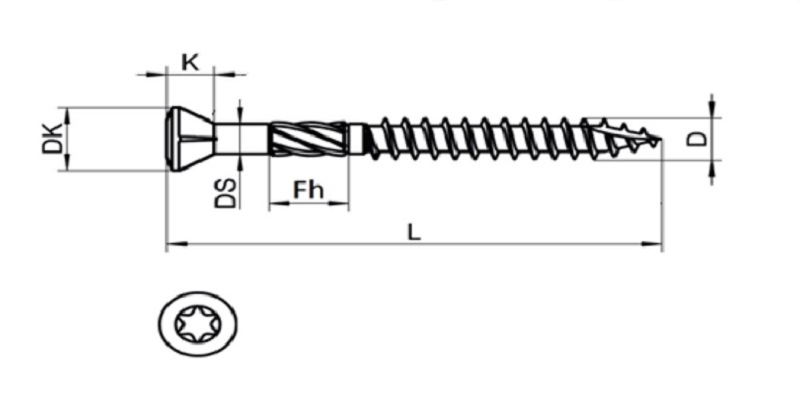 Technical line drawing of hardened stainless steel decking screws