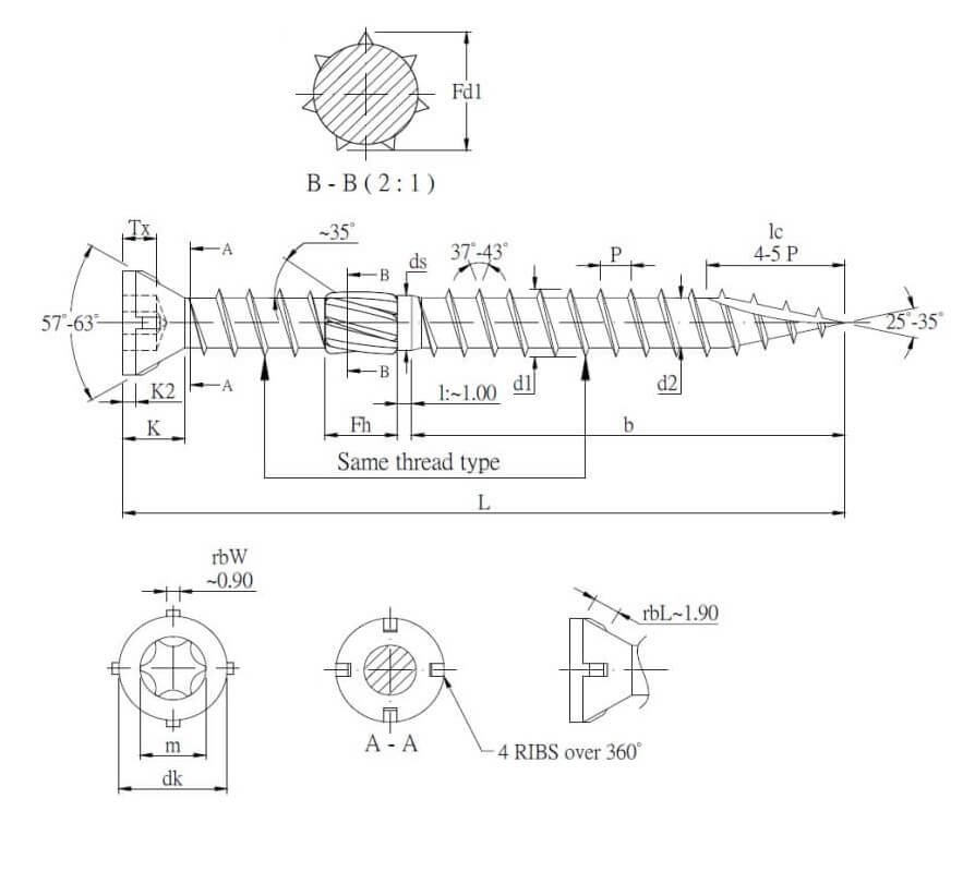 Technical line drawing of double thread stainless steel premium decking screws