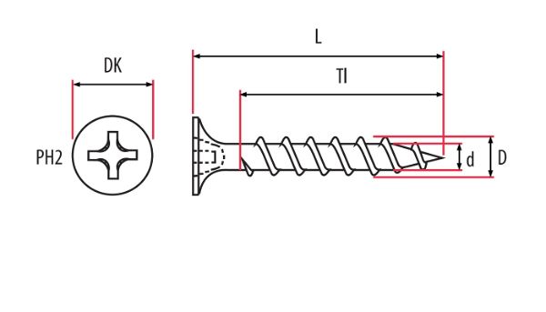 Technical line drawing of TIMco coarse thread plasterboard screws