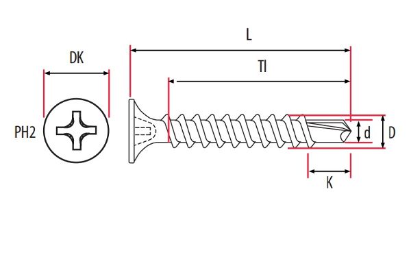Technical line drawing of TIMco metal stud self-drilling plasterboard screws