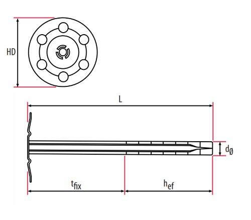 Technical line drawing of TIMco MIF metal insulation fixings