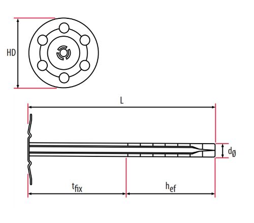 Technical line drawing of TIMco MIF metal insulation fixings