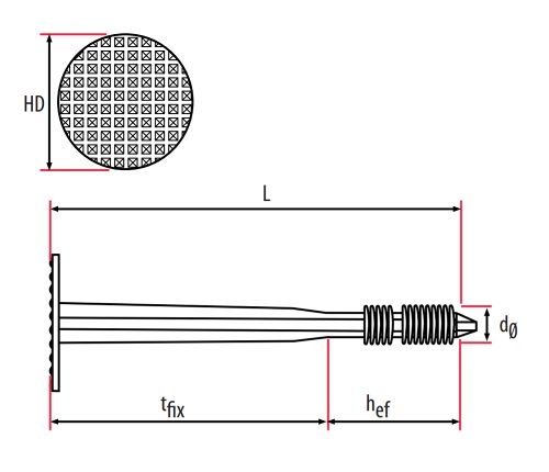 Technical line drawing of TIMco PIF plastic insulation fixings