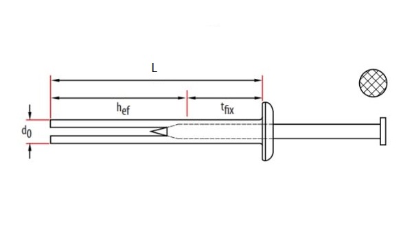 technical line drawing of TIMco ZNA Zamac nail-in anchor